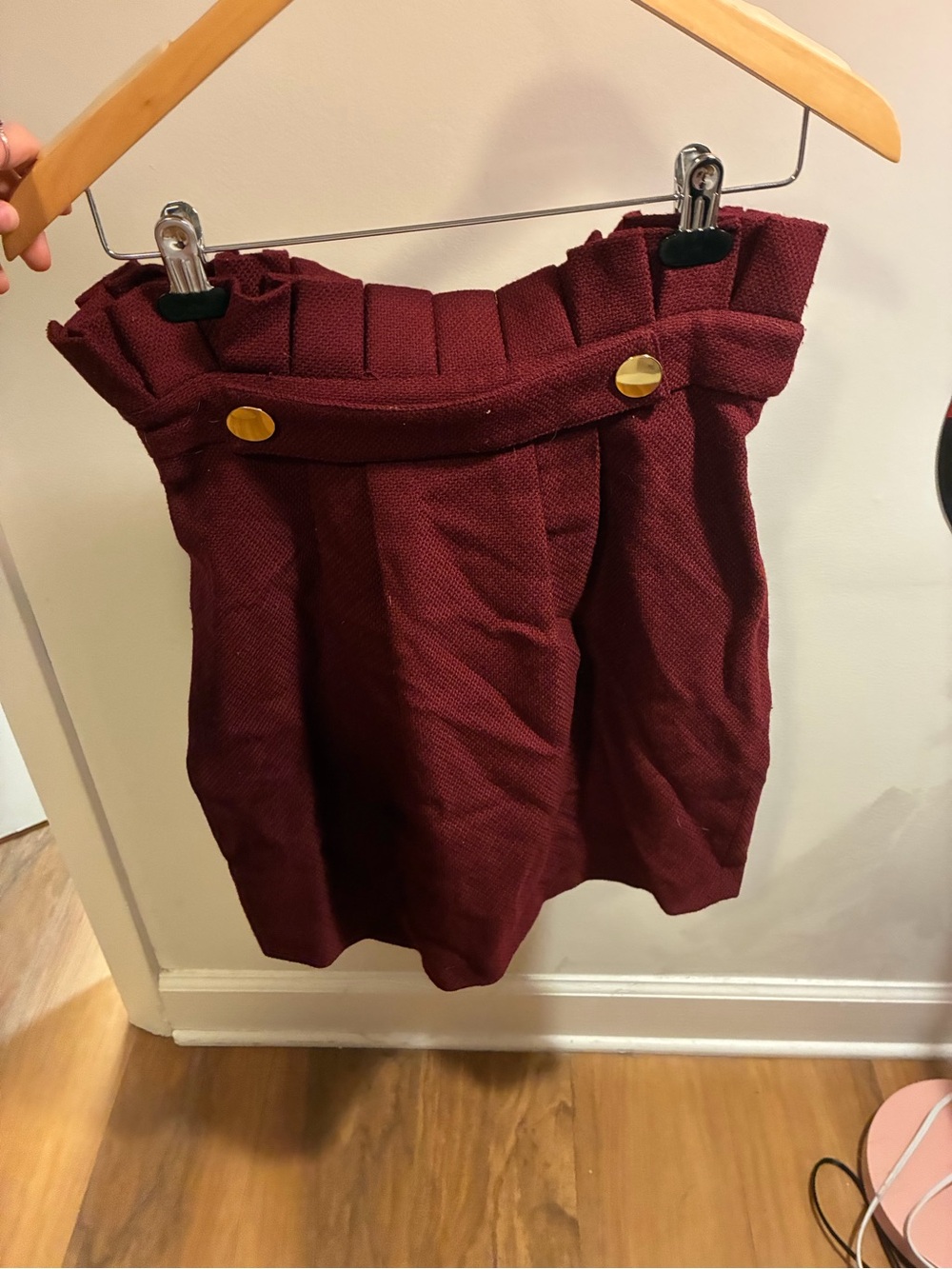 High-Waist Paperbag Mini Skirt in Burgundy with Gold Buttons